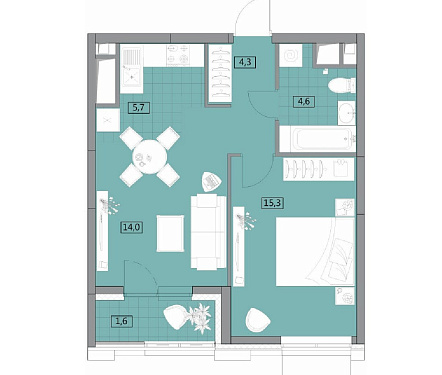 2-х комнатная квартира площадью 46,3 кв.м.