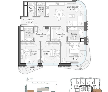  квартира новостройка площадью 124,8 кв.м.